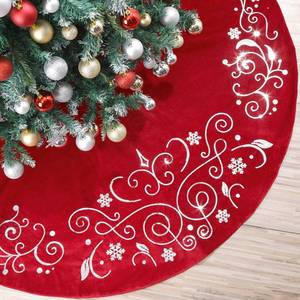 lot 2346 image: 48inch Christmas Tree Skirt Red Luxury Velvet Tree Skirt with Embroidered Sequin Taffeta Piping and Silver Sequined Snowflakes Xmas Trees Skirts for Christmas Holiday Home Party Decorations