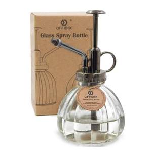 lot 2356 image: OFFIDIX Transparent Glass Watering Spray Bottle, 6.3 Inches Tall Vintage Style with Bronze Plastic Top Pump One Hand Plant Mister Glass Watering Can Indoor