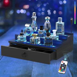 lot 3534 image: LED Lighted Cologne Organizer for Men, 3 Tier Wood Perfume Organizer with Velvet Lined Drawer, Multi Lighting Modes Perfume Display Holder with Remote Control, Cologne Shelf Stand, Nice Gift for Men