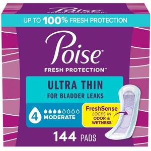 lot 3537 image: Poise Ultra Thin Incontinence Pads & Postpartum Pads for Bladder Leaks, 4 Drop Moderate Absorbency, Regular Length, 144 Count, Packaging May Vary