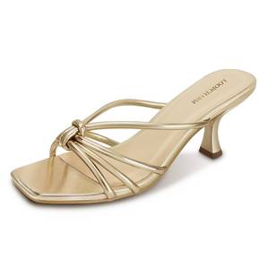 lot 4296 image: LOOPCHARM Womens Strappy Square Open Toe Kitten Heels Sandals Knotted Design Summer Fashion Slip On Mule Style,GOLD PU,7