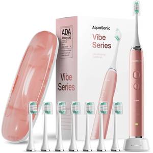 lot 4315 image: Aquasonic Vibe Series Ultra-Whitening Toothbrush �� ADA Accepted Electric Toothbrush - 8 Brush Heads & Travel Case �� 40,000 VPM Motor & Wireless Charging - 4 Modes w Smart Timer �� Satin Rose Gold