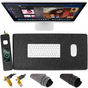 lot 5285 image: Wireless Charging Mouse Pad, QI2 Compatible Dual Fast Charger, Replaceable Felt & Leather Desk Mat, for Office & Gaming, Large Surface, iPhone & Android Compatible (Felt)