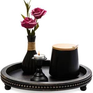 lot 5286 image: KULEDM Wooden Tray Decor, Small Beaded Coffee Table Tray Decor, Black Round Decorative Tray for Coffee Table, Dining Room Table Entryway and Living Room Table
