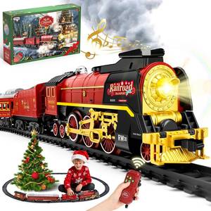 lot 5296 image: Christmas Train Set for around under The Tree, Electric Christmas Tree Train with Remote Sound Smoke Light, Steam Locomotive Xmas Christmas Train Toy Gift for Kids Boy Girl, Glowing Passenger Carriage
