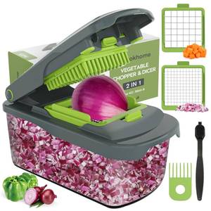lot 5310 image: Ourokhome Vegetable Chopper Cutter with Container, Manual Hand Food Veggie Dicer with 2 Chopping Blades for Potato Strips, Onion Cubers, Carrot Sticks, Essential Kitchen Gadgets (2 in 1, Gray)