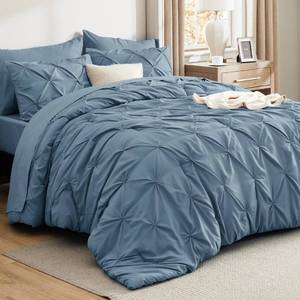 lot 5318 image: Bedsure Queen Comforter Set Mineral Blue - Bed in a Bag Queen 7 Pieces, Pintuck Bedding Sets Gift for Christmas, Pinch Pleat Bed Set with Queen Size Comforter, Sheets, Pillowcases & Shams