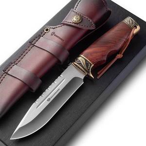 lot 6318 image: DRACHENADER Fixed Blade Hunting Knife with Horizontal Leather Sheath YU-LN, 10.63 Bushcraft Knife for Men with Wood Handle, Gift for Men
