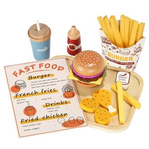 lot 6328 image: JugueteLand Wooden Play Fast Food Set Play Kitchen Accessories, Pretend Play Food Hamburger French Fries Toy, Restaurant Play Set Role Play Toys for Toddlers,Educational Birthday Gifts for Boys Girls