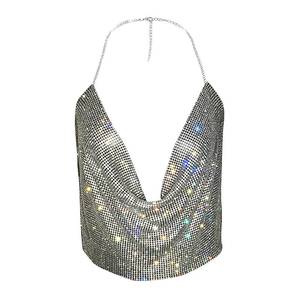 lot 6334 image: Women Sexy Sparkly Halter Neck Rhinestone Crop Top Deep V Tank Top Backless Body Chain Dance Festival Rave Club Outfits Silver size S