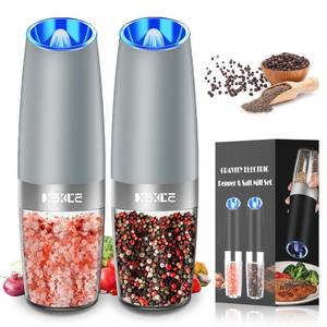 lot 6416 image: XinXu Gravity Electric Pepper and Salt Grinder Set, Adjustable Coarseness, with LED Light, One Hand Automatic Operation (SetLight Grey X)