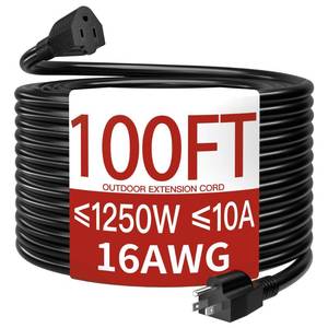 lot 7987 image: 163 10A 125V 1250W 100 Ft Outdoor Extension Cord Waterproof, Weatherproof & Flame Retardant Black 3 Prong Power Cord Outside for Lawn & Garden, SJTW ETL Listed