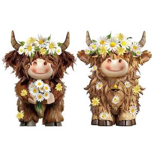lot 11584 image: Burbell 2 Pcs Highland Cow Figurines Daisy Flower Highland Cow Gnomes Decor Resin Statue Calf Lovers Gifts for Farmhouse Home Garden Kitchen Office Tiered Tray Table Decor