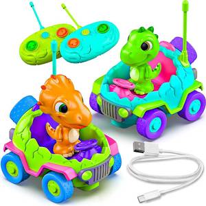 lot 12087 image: MindSprout Dino Chasers Set of 2 Rechargable Remote Control Car for Toddler, Kids Toys Age 2 3 4 5, Boys & Girls Birthday Gift, Dinosaur Toy 2-4, LED Lights & Music, Batteries Included