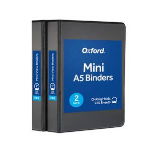 lot 12134 image: Oxford Mini View Binders, 1 Round Rings, Small Binders for School or Office, Holds A5 Size Paper, 2 Clear Pockets, PVC-Free, Non-Stick, 5.5 x 8.5 inches, Holds 225 Sheets, Black, 2 Pack (1017044)