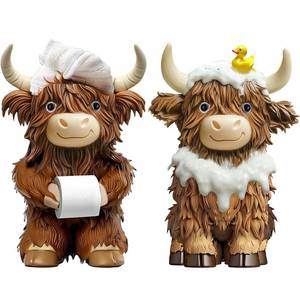 lot 12136 image: Burbell 2 Pcs Highland Cow Bathroom Figurines Bathroom Theme Highland Cow Christmas Gnomes Bath Resin Statue Calf Gifts for Christmas Farmhouse Home Garden Kitchen Office Tiered Tray Table Decor