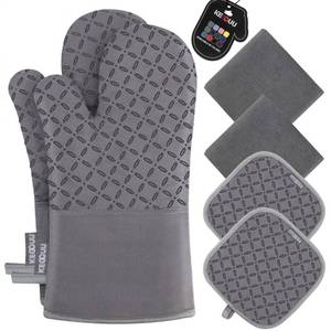 lot 13674 image: KEGOUU Oven Mitts and Pot Holders 6pcs Set, Kitchen Oven Glove High Heat Resistant 500 Degree Extra Long Oven Mitts and Potholder with Non-Slip Silicone Surface for Cooking (Grey)