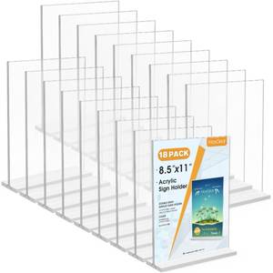 lot 13679 image: MaxGear Acrylic Sign Holder 8.5x11 Inches 18 Pack, Double Sided Clear Display Stand Table Top Paper Holder, Vertical Menu Flyer Stand, Plastic Frame for Stores, Restaurants, Hotels, Office