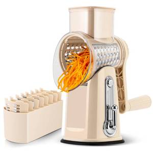 lot 13680 image: SUSTEAS Rotary Cheese Grater with Handle - Vegetable Shredder with 5 Well-designed Blades & Strong Suction Base,Round Mandoline Slicer & Food Chopper for Kitchen,with Blade Storage Box(Beige)