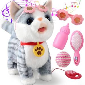 lot 13687 image: Gray Walking Cat Set Interactive Toy Cat for Girl Repeat What You Say Toy Kitten Talking Singing Dancing Touch Control Robot for Kid with Leash Wagging Tail Nodding Plush Electric Kitty