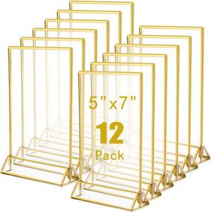 lot 13701 image: Jeffbaubl 12 Pack Acrylic Sign Holders,5x7in Double Sided Table Menu Display Stand,Clear Acrylic Sign Holder with Gold Borders and Vertical Stand,Gold Sign Holders for Wedding Table Number,Photo