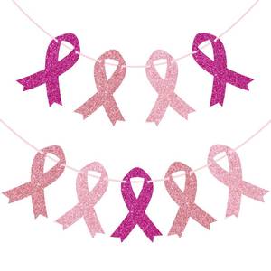lot 14446 image: 2 Pcs Breast Cancer Awareness Banner Decoration, Pre-strung Glitter Cutouts for Survivor Party Decor and Charity Activities Supplies