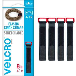 lot 14448 image: VELCRO Brand VEL-30791-AMS Elastic Cinch Straps with Buckle  8in x 1in, Pk of 4  Fully Adjustable and Stretch for Snug Fit  for Fastening Power Cords, Ropes, Organizing Cables, More  Black