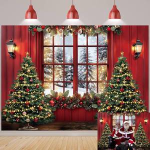 lot 14462 image: Christmas Window Backdrop Winter Snow Scene Red Xmas Tree Photography Background New Year Christmas Birthday Family Party Decoration Photo Studio Props 7x5FT