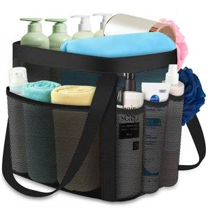 lot 14465 image: YASONIC Mesh Shower Caddy Portable for Dorm College Room Essentials, 8-Pocket Large Shower Bag with Double Handles, Hanging Shower Basket for Beach, Swimming, Bathroom, Beach, Camp, Gym, Black