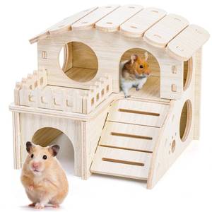 lot 14471 image: WRINGKIT Wood Hamster House, Maze Hamster Hideout, Fun Slide Gerbil House with Window, Detachable Double Decker Hut for Hamster Dwarf Mice Mouse Small Animals