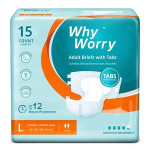 lot 15091 image: WhyWorry Adult Diapers with Tabs, Disposable Incontinence Briefs for Women & Men with Maximum Absorbency, Adult Briefs for Incontinence Overnight, Odor Control, Unisex, Large, 15 Count