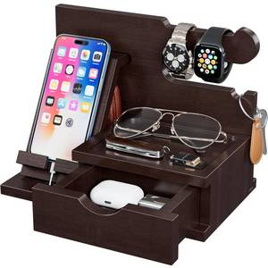 lot 15097 image: Yirilan Wood Phone Docking Station, Nightstand Organizer, Birthday Gifts for Men -Gifts for DadBoyfriendGrandpa, Anniversary, Christmas, Graduation Travel Idea Gadgets-Brown