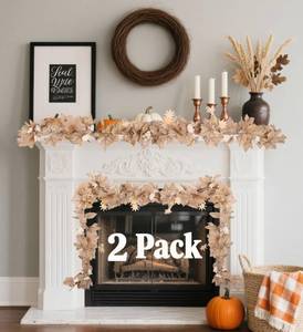 lot 15101 image: 2PCS 5.6FT Neutral Fall Garland,Artificial Maple Leaves White Garland with Pumpkins,Fall Leaf Decorations for Home,Autumn Vine for Mantle Fireplace Porch Thanksgiving Decor (WZD-White-Leaves-Garland)