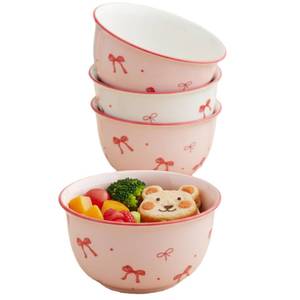 lot 15113 image: 4 - Piece Pink Bow Ceramic Bowls Set - Underglaze Color Dinnerware Set for Kitchen, Dining & Daily Use, Aesthetic Bowls, Ideal for Ramen, Cereal, Ice Cream, Soup, Charming Addition to Tableware
