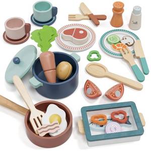 lot 16168 image: Lehoo Castle Wooden Play Kitchen Accessories, Play Pots and Pans Sets for Kids, Play Food Sets for Kids Kitchen, Montessori Food Toys for Toddlers 3-5, Gifts for Girls Boys