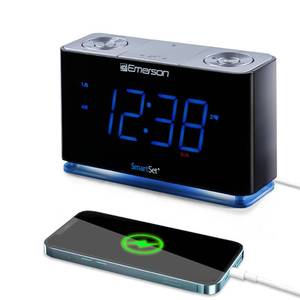 lot 16213 image: Emerson CKS1507 Smartset Radio Alarm Clock, 1.4 Blue LED Digital Display, USB Charging Port, Brightness Dimmer Controls, Bluetooth Connectivity, Set Alarm to Radio, Music, or Buzzer, Black