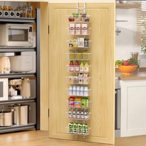 lot 1196 image: Hocookeper 10 Tier Over the Door Pantry Organizer, Over the Door Spice Rack with Adjustable Baskets, Metal Hanging Door Pantry Organizers and Storage for Kitchen Bathroom Bedroom, White