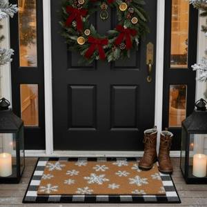 lot 1198 image: Duraaamo 2 Pcs Winter Door Mat Snowflake Outdoor Welcome Mats for Front Door Snow Non Slip Coir Floor Doormat Black White Plaid Buffalo Rug for Outside Front Porch Entryway Decor(Snowflake)