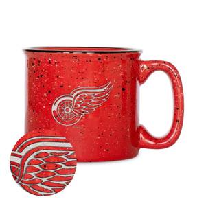 lot 2366 image: Rico Industries NHL Hockey Detroit Red Wings Red Speckle 12oz Laser Engraved Campfire Mug
