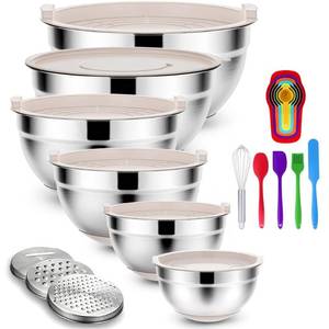 lot 3555 image: Rottay Mixing Bowls Set with Airtight Lids 20PCS Stainless Steel Nesting Bowls - Size 7, 4, 3, 2, 1.5, 1QT Bowls with 3 Grater Attachments & Non-Slip Bottoms for Baking & Prepping