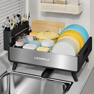 lot 3578 image: LIONONLY Dish Racks,Extendable Countertop Dish Drying Rack, Dish Drainer & Drainboard Set with Utensil Holder and Cup Holder, Black