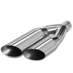 lot 3586 image: A-KARCK Dual Exhaust Tip 2.5 Inch Inlet 3 Dual Outlet 18 Overall Length Polished Stainless Weld-On Duo Layer Angle Exhaust Tailpipe Tips for Car Truck