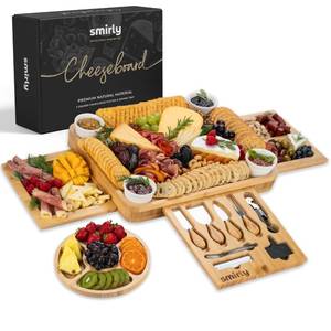 lot 3587 image: SMIRLY Charcuterie Boards Set - Large Bamboo Cheese Board Set - House Warming Gifts New Home, Wedding Gift for Couple, Bridal Shower Gift, Birthday Gifts for Women. One cup is broken