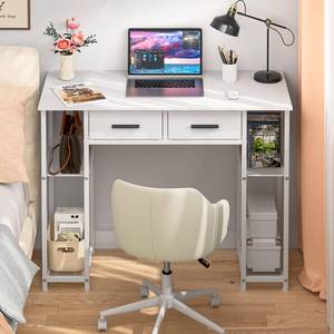lot 3600 image: DAOUTIME White Computer Desk with Drawers, 37.3 Inch Home Office Work Desk with Storage Shelf, Kids Teens Study Table for Small Space, Small Writing PC Table for Bedroom Makeup Vanity Desk