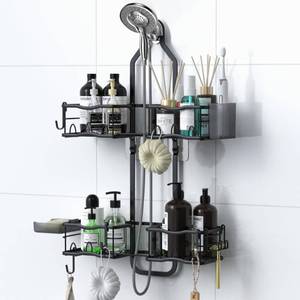 lot 3606 image: Depecal Shower Caddy Hanging Organizer, Rustproof Over Shower Head Caddy Holder with Hooks for RazorSponge, No Drilling Bathroom Racks Bath Storage Shelves for Shampoo Soap Towels, Black