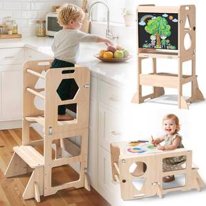 lot 3608 image: Woodure 4-in-1 Toddler Kitchen Step Stool, Foldable Learning Standing Tower with Blackboard, Wooden Kitchen Stool Helper for Kids, 1-3 Year Old Boy Girl Gifts