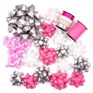 lot 4356 image: WRAPAHOLIC 19 Pcs Gift Bows Assortment - 16 Multi Colored Assorted Size Gift Bows(Pink, White, Silver), 2 Crimped Curling Ribbons, 1 Pink Curly Bows, Perfect for Christmas, Holiday, Party