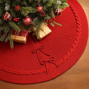 lot 4374 image: PUKUPIG 36 Inch Red Knitted Christmas Tree Skirt, Chunky Cable Knit with Braided Scalloped Edge, Perfect for Xmas Holiday Decorations