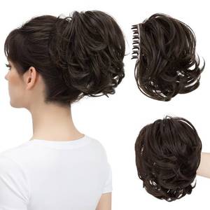 lot 4389 image: youngways Claw Clip Short Ponytail Messy Bun Hair Piece Bendable Hair Branch Extensions Fluffy Wavy Curly Synthetic Versatile Dark Brown Hairpieces