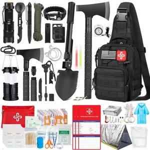 lot 5343 image: Survival Kit, 262Pcs Survival Gear and Supplies with First Aid Kit Pouch and Crossbody Bag, Emergency Kit with Tent, Camping Axe Hammer, Survival Shovel wPick, Bug Out Bag Gifts for Men Women